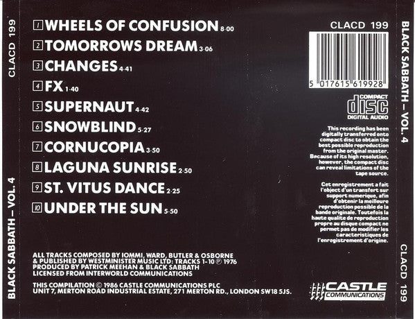 The back cover of a Black Sabbath compilation CD, CLAC 199, featuring the tracklist, barcode, and release details on a black background.