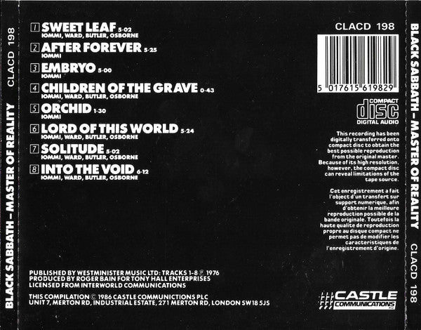 The back cover of a Black Sabbath 'Master of Reality' compact disc, featuring tracklist text on a black background with a barcode, disc description, and the Castle Communications logo.
