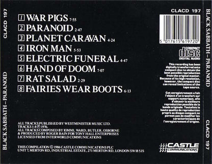 Back cover of a Black Sabbath - Paranoid compilation CD, showing tracklist, barcode, copyright text, and Castle Communications logo on a black background.