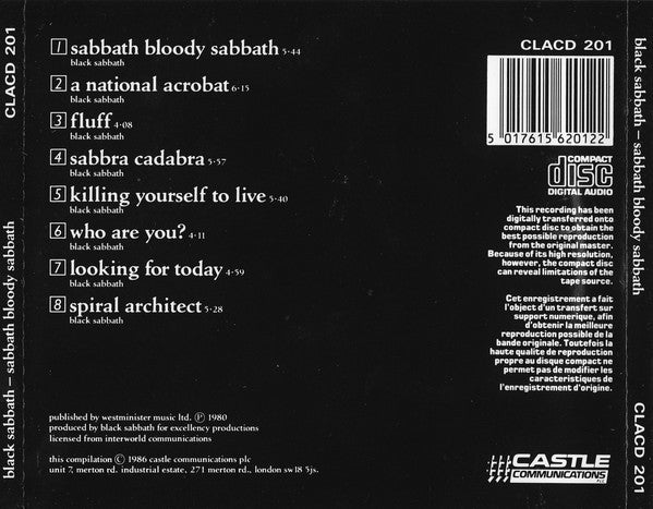 The back cover of a black compact disc for the band Sabbath's album 'Bloody Sabbath', showing track listings, barcode, and publisher logos for Castle Communications and Warner Music.