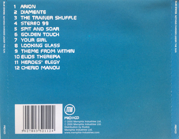 The back cover of a physical CD release for the blue states album 'Mid1CD' featuring tracks like 'Arion', 'Diamante', and 'The Trainer Shuffle'. The cover has a textured blue background with white text listing the 12 tracks, a barcode, and the 'MID1CD' logo at the bottom.