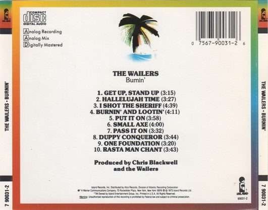 The back cover of a vinyl record sleeve for 'The Wailers - Burnin'' on a Discogs catalog page. The cover features a white background with a central black-and-white palm tree graphic, a tracklist of ten songs, and orange and green side borders.