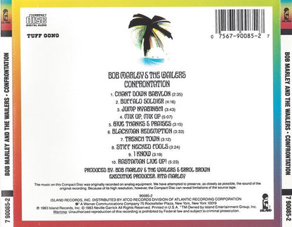 Back cover of a Bob Marley and the Wailers 'Confrontation' CD, showing the tracklist, barcode, and copyright information on a white background with multicolor side borders.