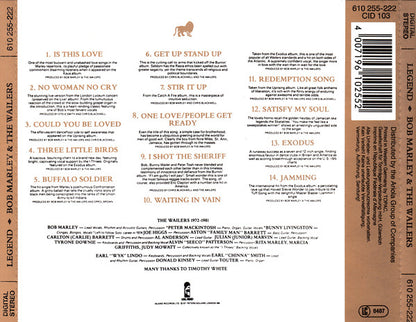 The back cover of the Bob Marley & The Wailers album Legend, showing tracklist text on a tan and brown background with a black spine and barcode.