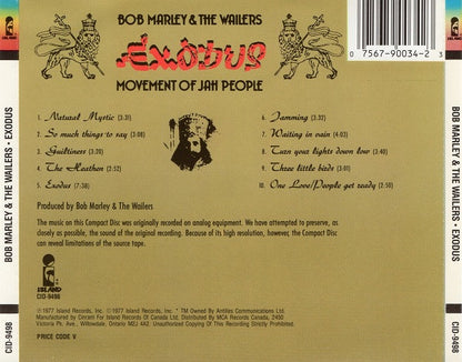 The back cover of the Bob Marley & The Wailers 'Exodus' CD, featuring a textured tan background with black text, track listings, a barcode, and the band's logo.