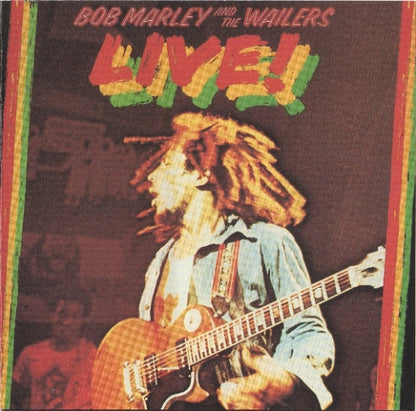 Bob Marley and the Wailers 'Live!' album cover featuring Bob Marley playing an electric guitar on a stage, with the title 'LIVE!' in large red, yellow, and green letters at the top.