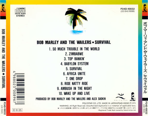 Back cover of a Bob Marley and the Wailers 'Survival' CD single, showing tracklist text, barcode, and Discmania branding on a mostly white background with a small palm tree graphic.
