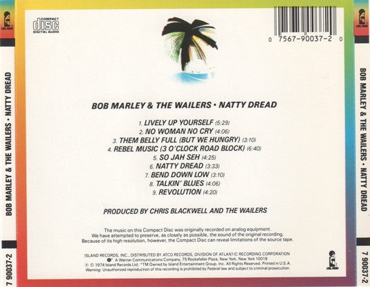 The back cover of a Bob Marley & The Wailers 'Natty Dread' CD on the Compact Disc, showing track listings, production credits, barcode, and catalog information on an off-white background with orange and green side borders.