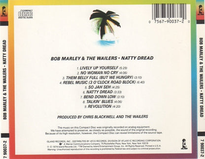 The back cover of a Bob Marley & The Wailers 'Natty Dread' CD on the Compact Disc, showing track listings, production credits, barcode, and catalog information on an off-white background with orange and green side borders.