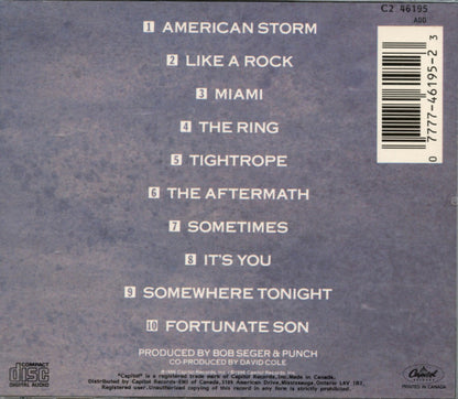 Back cover of a CD album with a tracklist, barcode, and release information on a textured blue-gray background. Visible text includes the album title 'American Storm' and the Disc and CDPRO labels.