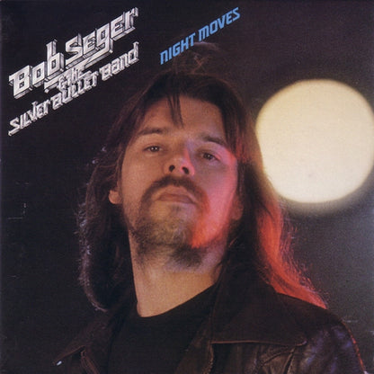 Album cover featuring a man with long hair and a leather jacket, with text 'Bob Seger & the Silver Bullet Band Night Moves' on a dark background.