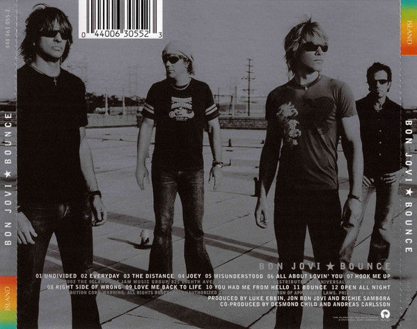 Rear cover of the Bon Jovi 'Bounce' CD album, showing the band members in a black-and-white photograph with track listing text and barcode on the back.