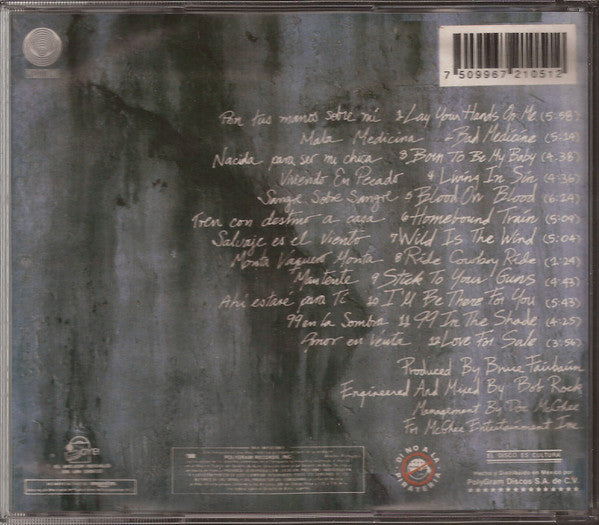 The back cover of a CD case for the band Bon Jovi's Knew Jersey showing the tracklist, barcode, and production credits in white text on a dark, textured background.