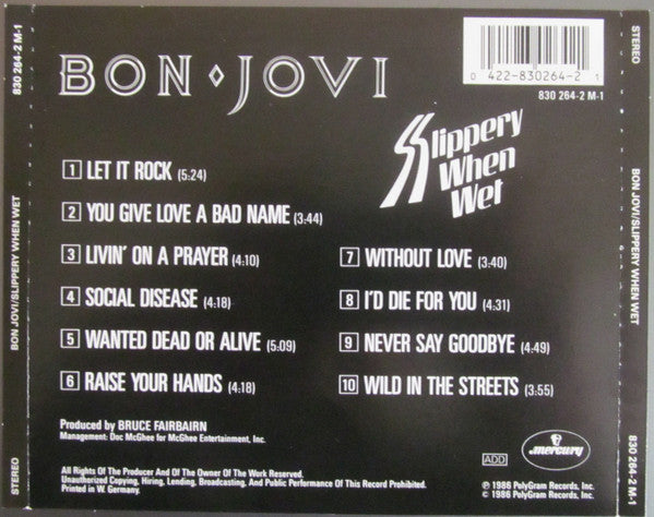 The back cover of a Bon Jovi 'Slippery When Wet' CD album, featuring the tracklist, barcode, and release details on a black background.