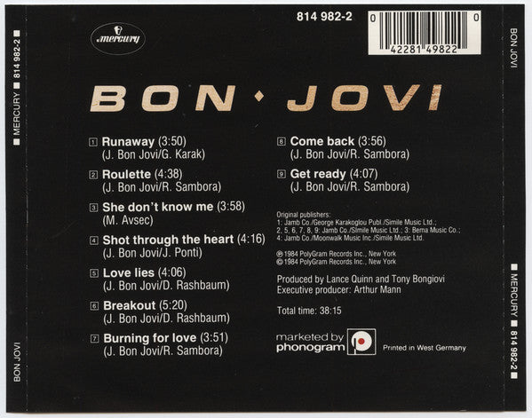 The back cover of a Bon Jovi vinyl record, featuring the album 'The Power and the Glory' in white text on a black background, with track listings, a barcode, and the Mercury and Phonogram logos.