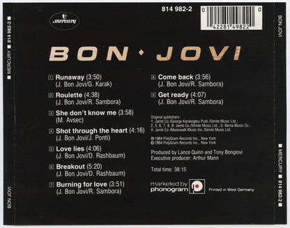 The back cover of a Bon Jovi vinyl record, featuring the album 'The Power and the Glory' in white text on a black background, with track listings, a barcode, and the Mercury and Phonogram logos.