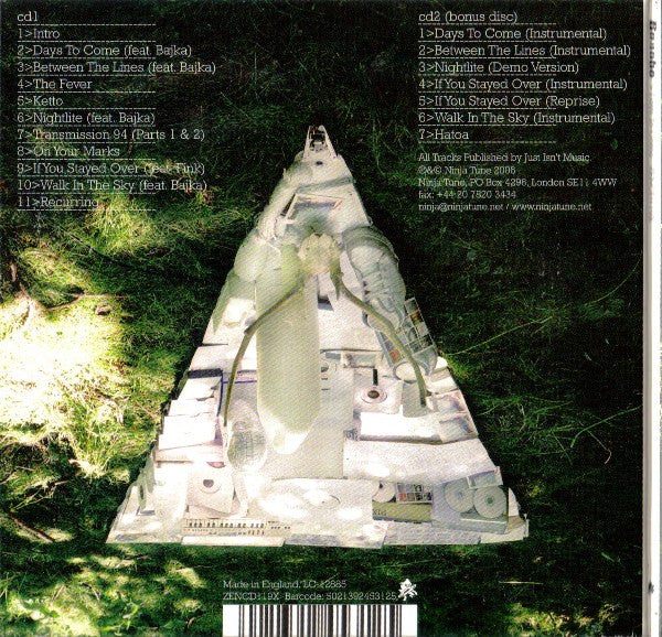 The back cover of a music CD for the Bonobo CD Days to come, featuring a large photograph of a fish skeleton on a bed of green leaves. The left side lists the 'cd' tracklist, and the right side lists the 'cd2 bonus disc' instrumental tracklist.