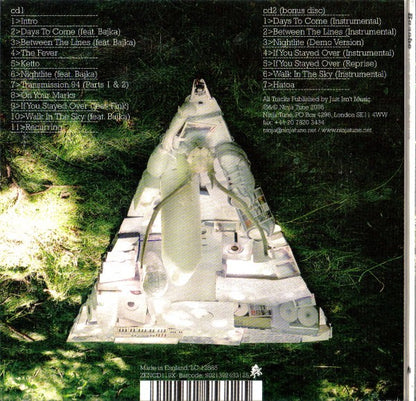 The back cover of a music CD for the Bonobo CD Days to come, featuring a large photograph of a fish skeleton on a bed of green leaves. The left side lists the 'cd' tracklist, and the right side lists the 'cd2 bonus disc' instrumental tracklist.