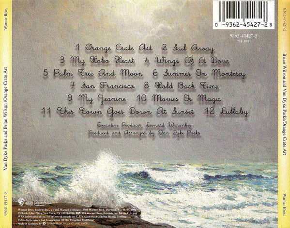 Rear cover of Van Dyke Parks and Brian Wilson's 'Orange Crate Art' CD package, featuring a textured beige and gray background with a list of 12 track titles in gray script, a barcode in the top right, and a wave scene at the bottom.