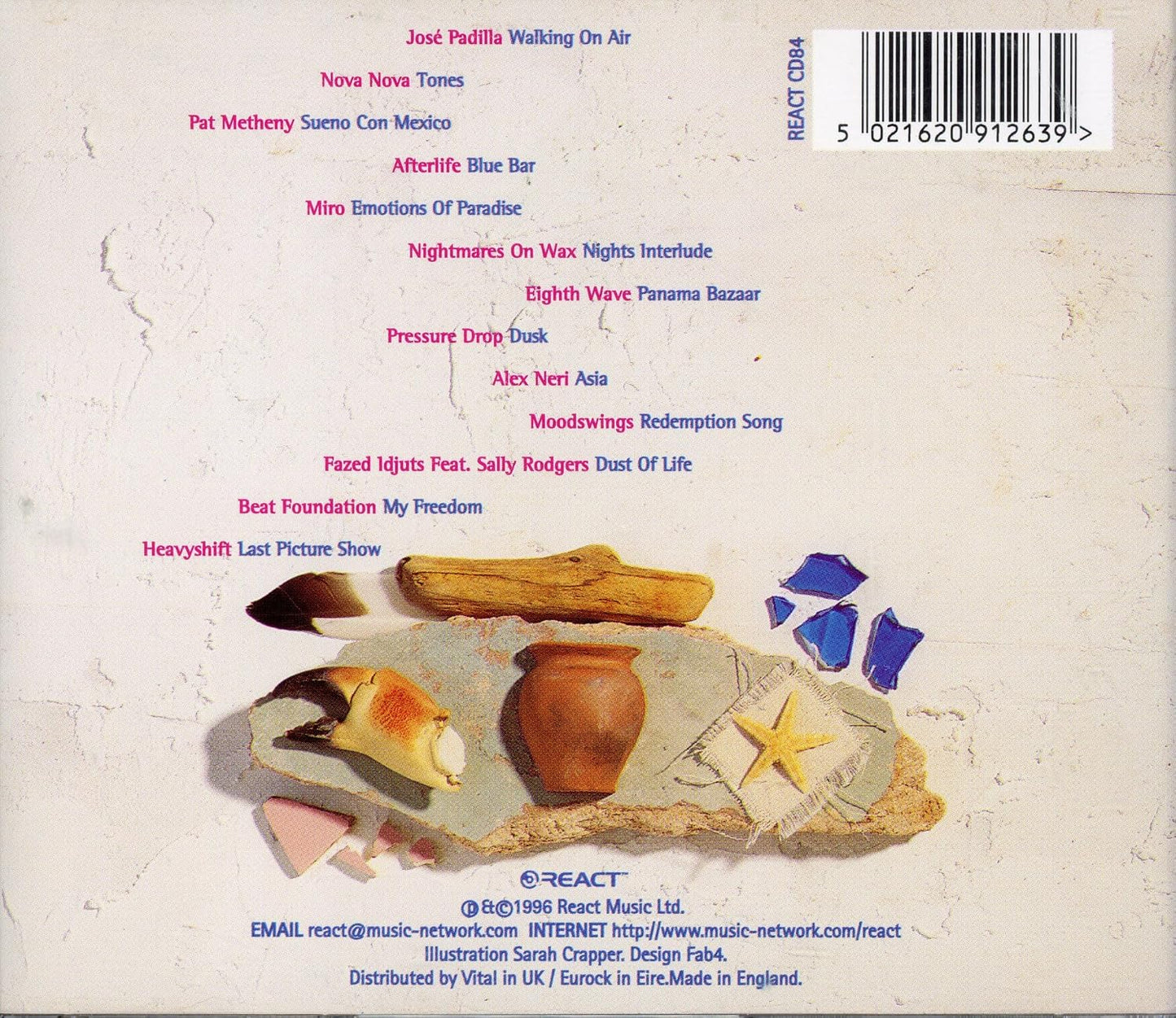 The back cover of a music CD for  featuring a textured off-white background with a list of featured artists in pink text, a barcode, and a collage of broken blue glass, driftwood, and seashells.