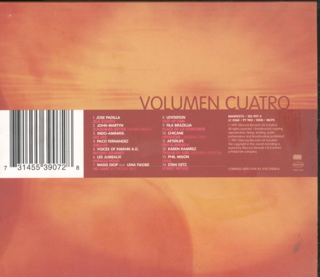 Album cover with 'Volumen Cuatro' text and barcode on a warm gradient background