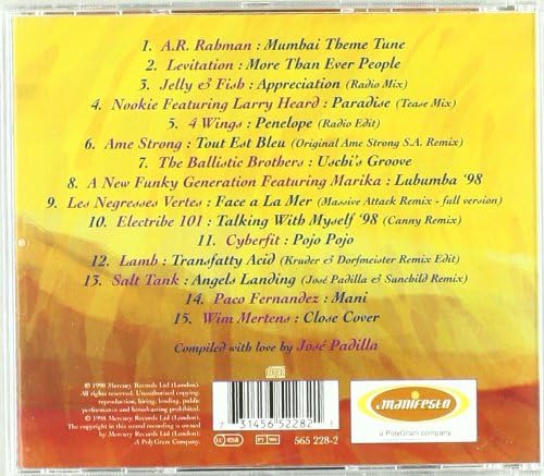 The back cover of a music CD case for 'Mumbai Theme' compiled by José Padilla, featuring a yellow and orange gradient background with a tracklist, barcode, and 'manifesto' logo.