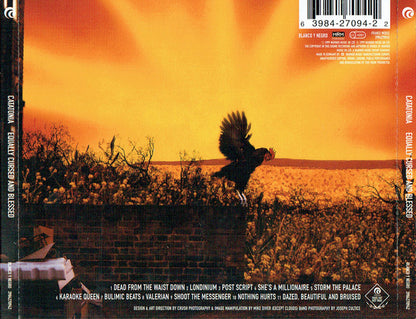 CD back cover for the Catatonia CD equally cursed and Blessed, featuring a dramatic orange sunset sky, a flying crow, and a brick wall with wildflowers. Tracklist and barcode are visible.