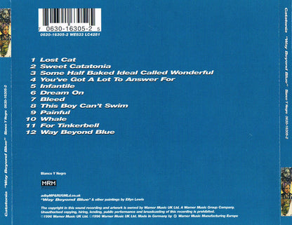 The back cover of the catatonia CD way beyond blue, featuring a solid blue background with a white tracklist, barcode, and copyright details