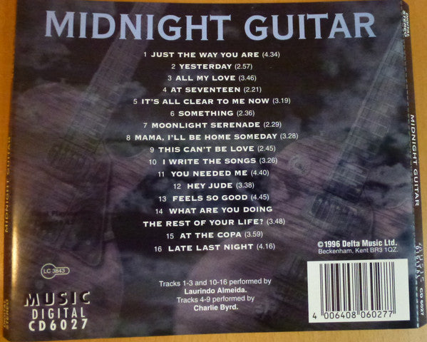 The back cover of a Delta Music CD release for the album 'Midnight Guitar' by Various Artists. The cover features a dark, moody background with a faint silhouette of a guitar, white title text at the top, a tracklist in the center, and a barcode at the bottom right.