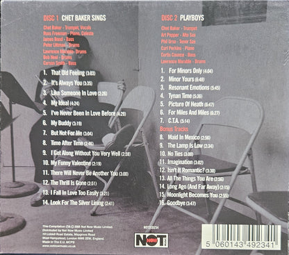 The back cover of a CD case for Chet Baker's 'Sings' and 'Playboys' album, showing track listings for Disc 1 and Disc 2 on a dark gray background with a faded photo of a man sitting in a chair.
