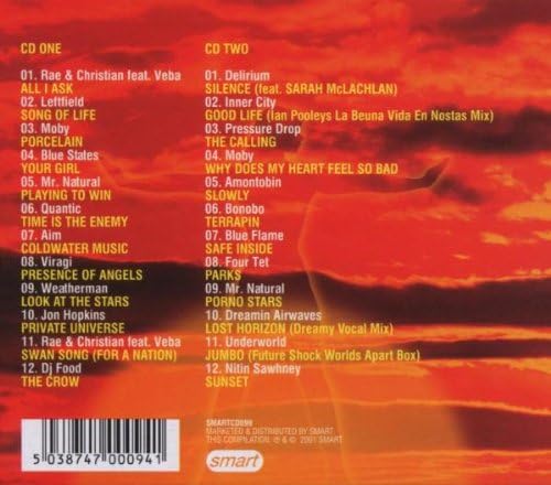 The back cover of a CD album titled 'CD ONE' and 'CD TWO', featuring a fiery red and orange abstract background with a barcode and tracklists printed in yellow and white text.