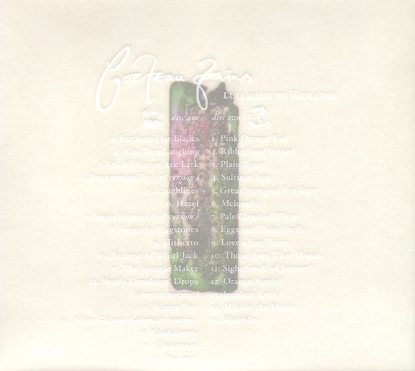 A close-up of a light cream-colored surface with faint printed text and a small central illustration of a green bottle with pink floral artwork.