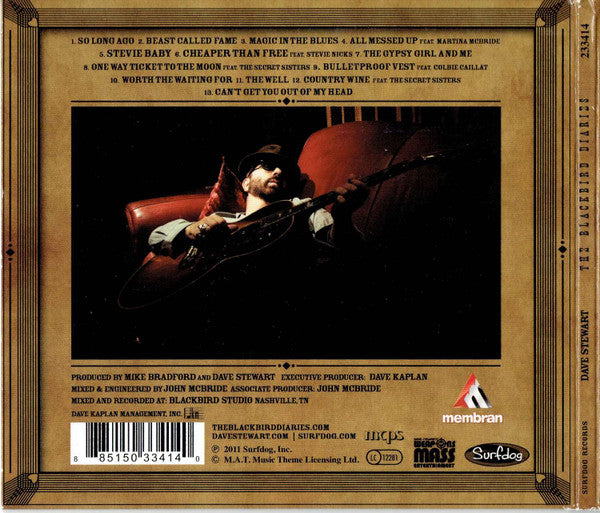 Back cover of a music CD for Dave Stewart's 'The Blackbird diaries', featuring a tracklist, a central album photo of the artist in a red chair, production credits, and logos including Membran, BBC Jazz, and Star Dog.