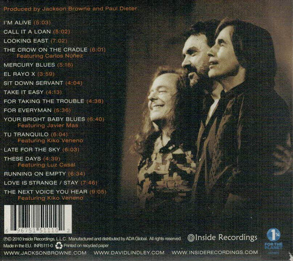 Album back cover with tracklist and portrait of three individuals, featuring a dark background.