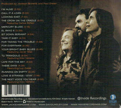 Album back cover with tracklist and portrait of three individuals, featuring a dark background.