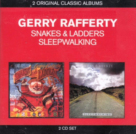 Gerry Rafferty 'Snakes & Ladders Sleepwalking' 2 CD set album cover, featuring a bright red background with white text and two square album covers shown side by side.