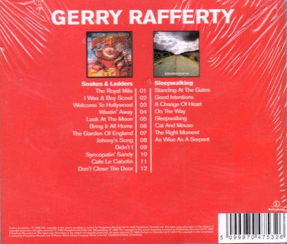 The back cover of a Gerry Rafferty CD The cover is predominantly bright red with white text listing the track titles and a barcode in the bottom right corner.