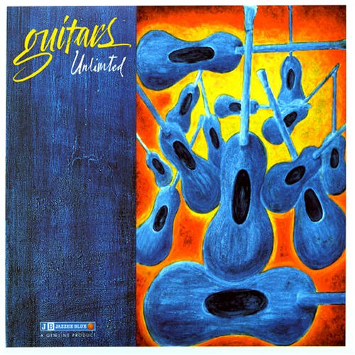 Album cover with blue guitars on a colorful background