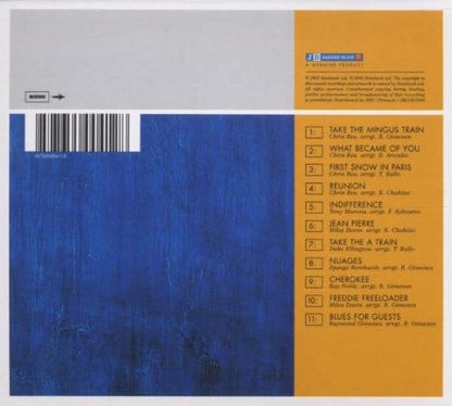 The back cover of a JBL Records CD release titled 'Guitars Unlimited' featuring a track list on an orange panel and a textured blue lower section.