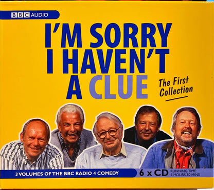 BBC Audio CD box set cover for 'I'm Sorry I Haven't A Clue: The First Collection', featuring a bright yellow background, large blue title text, and cutout portraits of five radio comedy actors along the bottom.