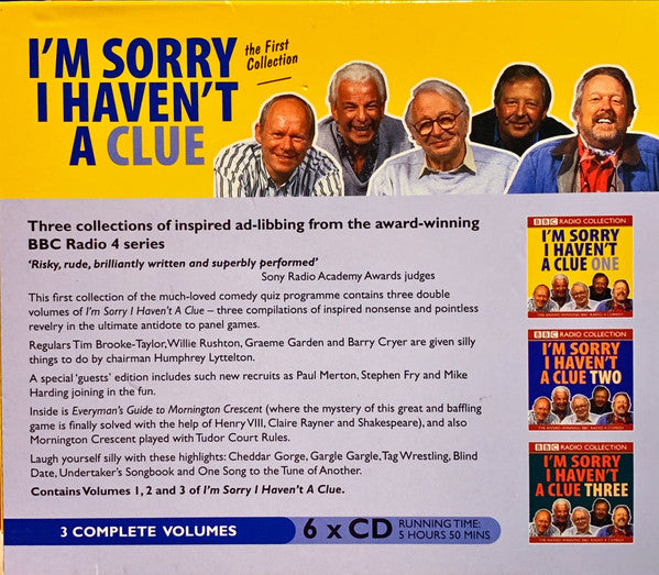 Front cover of the 'I'm Sorry I Haven't A Clue' comedy CD box set, featuring a yellow and gray layout with cast photos, descriptive text, and three CD cover thumbnails on the right.