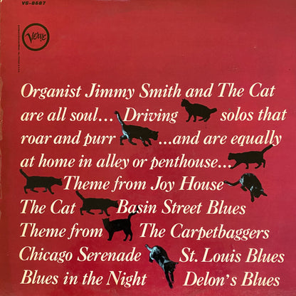 Vinyl record cover with text and cat illustrations on a red background