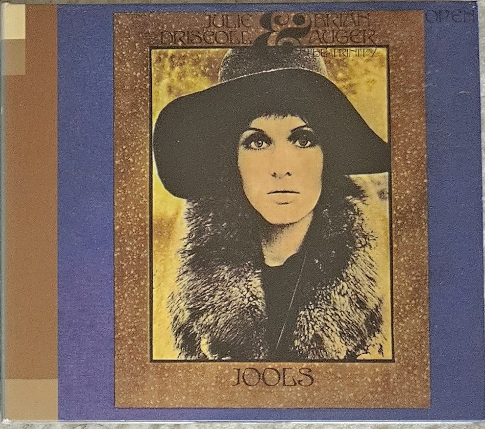 Julie driscol, brian auger and the trinity - Open album cover, featuring a portrait of the duo in a wide-brimmed hat and fur collar against a gold background, framed by a blue border and a brown striped side panel.