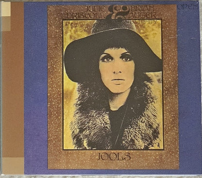 Julie driscol, brian auger and the trinity - Open album cover, featuring a portrait of the duo in a wide-brimmed hat and fur collar against a gold background, framed by a blue border and a brown striped side panel.