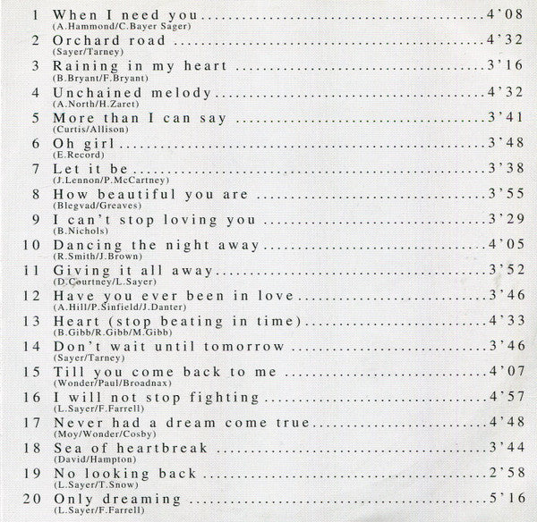 Music track list with song titles and durations on a white background