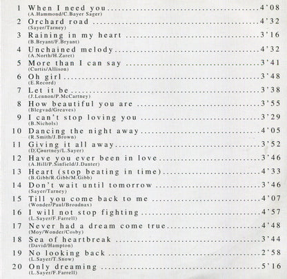 Music track list with song titles and durations on a white background