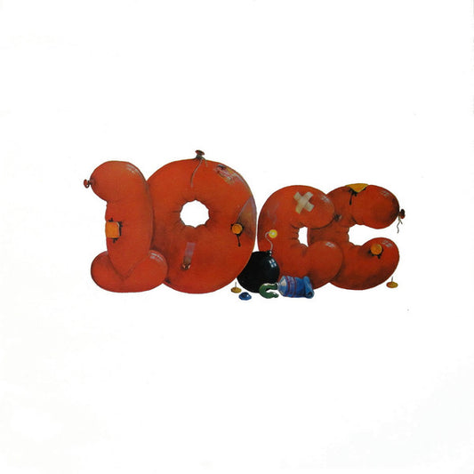 A stylized red-orange balloon lettering 'DOC' on a plain white background, with small painted details and a few small objects near the base.