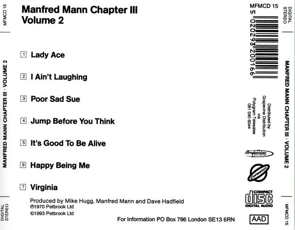 CD cover for Manfred Mann Chapter III Volume 2, showing tracklist text on a white background with a barcode and release details.