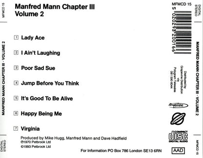 CD cover for Manfred Mann Chapter III Volume 2, showing tracklist text on a white background with a barcode and release details.