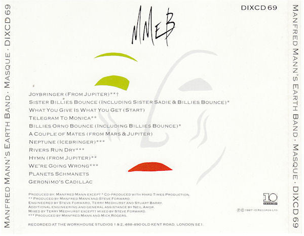 cd cover for Manfred Mann's Earth Band - Masque, DXC69, featuring a white background with black text, a black and white sketch of a woman, and small green and red graphic accents.